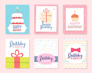 Vector set of colorful illustration. Happy birthday template pos