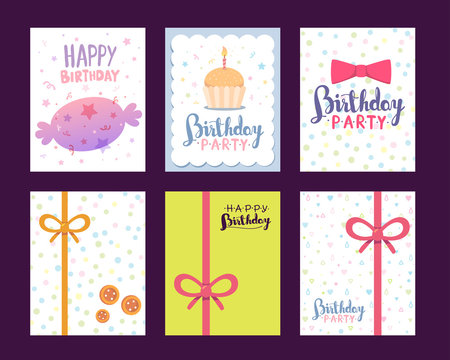 Vector set of colorful illustration. Happy birthday template pos