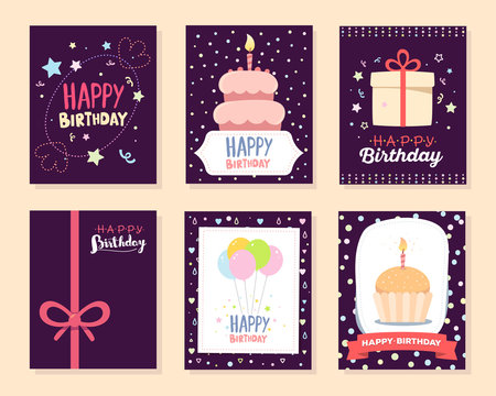 Vector set of colorful illustration. Happy birthday template pos