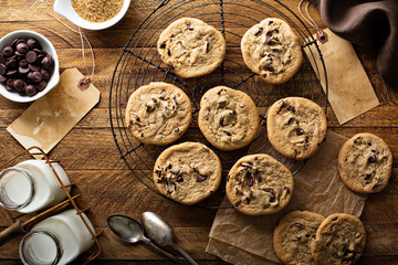 Homemade chocolate chip cookies with milk - Powered by Adobe