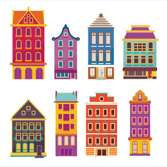 Fototapeta premium Cute bright cartoon flat house set. Vector bildings facades. Eur