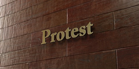 Protest - Bronze plaque mounted on maple wood wall  - 3D rendered royalty free stock picture. This image can be used for an online website banner ad or a print postcard.