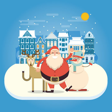 Happy and smiling cartoon santa, deer and snoman waving hands in