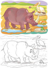 Cute African animals. Rhinoceros and pelican. Coloring page. 