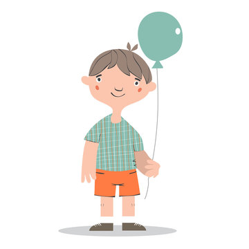 Cute little boy with blue balloon in his hand. Cartoon vector illustration.