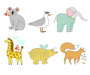 Cute cartoon animals collection. Koala, seagull, elephant, giraffe, bear, fox. Hand drawn vector illustration. Can be used for kid's or baby's shirt design, t-shirt and kids wear.