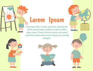 Children society, kinder garden vector background. Happy cartoon children smiling, painting, crafting, reading. Template for your text.