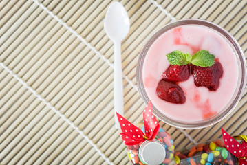 strawberry yogurt with strawberry  on wooden. strawberry yoghurt