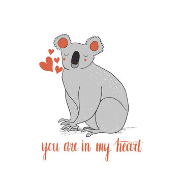 Cartoon enamored koala. Hand drawn vector illustration. Can be used for kid's or baby's shirt design, fashion graphic, fashion print design, t-shirt and kids wear.