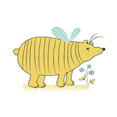 Cartoon bear in a bee costume. Hand drawn vector illustration. Can be used for kid's or baby's shirt design, fashion graphic, fashion print design, t-shirt and kids wear.