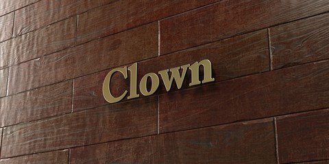 Clown - Bronze plaque mounted on maple wood wall  - 3D rendered royalty free stock picture. This image can be used for an online website banner ad or a print postcard.