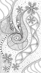 Vector abstract winter zentangle. Black and white doodle with snowflakes