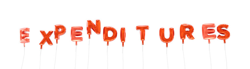 EXPENDITURES - word made from red foil balloons - 3D rendered.  Can be used for an online banner ad or a print postcard.