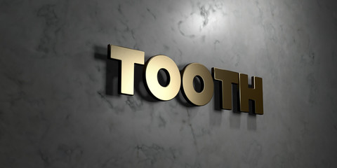 Tooth - Gold sign mounted on glossy marble wall  - 3D rendered royalty free stock illustration. This image can be used for an online website banner ad or a print postcard.