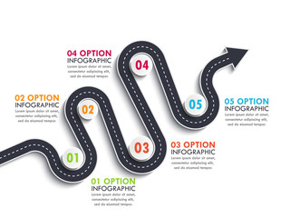 Road way location infographic template with a phased structure. Winding road timeline. Stylish Serpentine in the form of arrows. Vector EPS 10