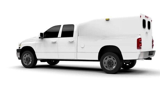 White commercial vehicle delivery truck with a double cab and a van. Machine without insignia with a clean empty body to accommodate your logos and labels. Video with alpha channel. 3d rendering.