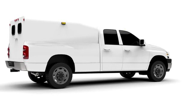 White commercial vehicle delivery truck with a double cab and a van. Machine without insignia with a clean empty body to accommodate your logos and labels. Video with alpha channel. 3d rendering.