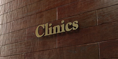 Clinics - Bronze plaque mounted on maple wood wall  - 3D rendered royalty free stock picture. This image can be used for an online website banner ad or a print postcard.