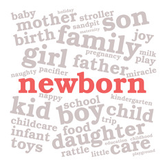 Newborn. Word cloud, red font, white background. Family concept.