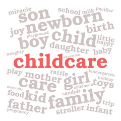 Childcare. Word cloud, red font, white background. Family concept.