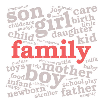 Family. Word cloud, red font, white background. Family concept.