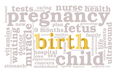 Birth. Word cloud, golden font, white background. The miracle of birth.
