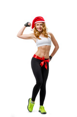 Santa hat Christmas woman tied with red bow showing biceps.