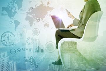 double exposure of smart city and business woman holding smart phone