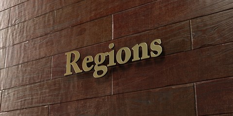 Regions - Bronze plaque mounted on maple wood wall  - 3D rendered royalty free stock picture. This image can be used for an online website banner ad or a print postcard.