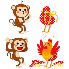 Fototapeta premium Cute monkey surprised with wrapped gift and celebrating new rooster year