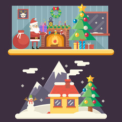 Cristmas Room New Year House Landscape Santa Claus Accessories Icons Greeting Card Elements Flat Design Template Vector Illustration
