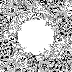 Doodle flowers and leaves invitation card.
Template flowers frame design for card. Decorative hand drawn vector element border.