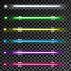 Neon colorful lamps in horizontal position on transparent background.
