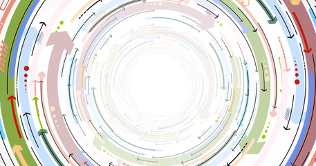 Flow of arrows. Imagination of business or technology process. Vector futuristic  background with great idea