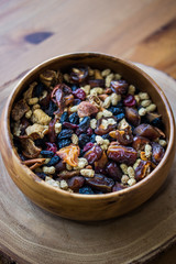Dried Fruit (Walnut, fig, palm, mulberry, date) in a wooden bowl