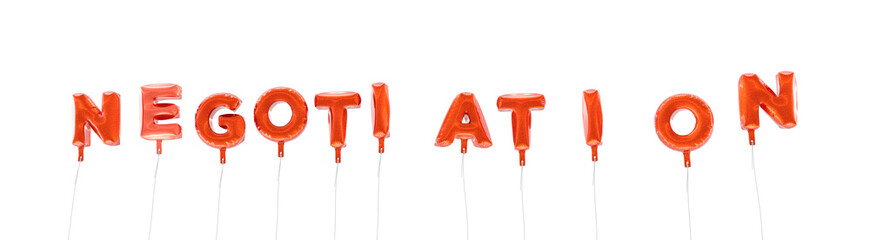 NEGOTIATION - word made from red foil balloons - 3D rendered.  Can be used for an online banner ad or a print postcard.