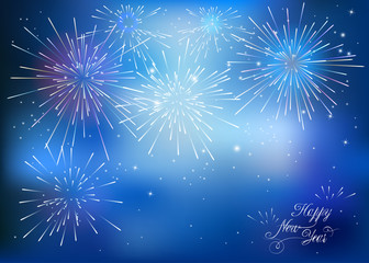 Fototapeta na wymiar Happy New Year card with blue fireworks