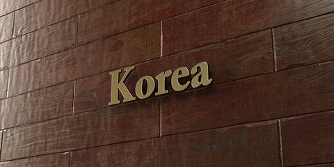 Korea - Bronze plaque mounted on maple wood wall  - 3D rendered royalty free stock picture. This image can be used for an online website banner ad or a print postcard.