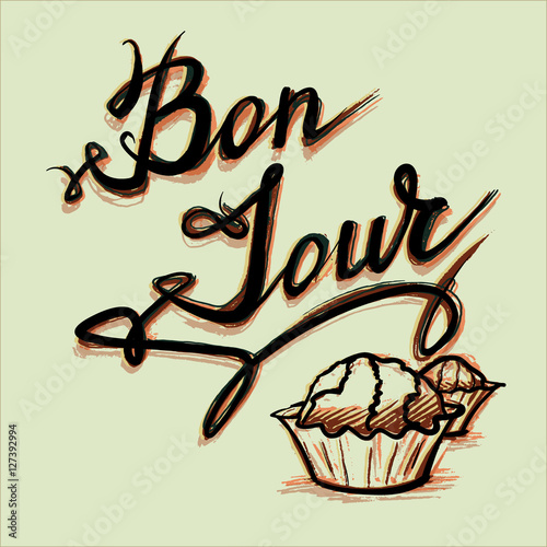 "good afternoon bonjour French lettering sweet vector" Stock image and
