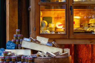 Variety of cheese on display in Borough Market, London