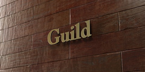 Guild - Bronze plaque mounted on maple wood wall  - 3D rendered royalty free stock picture. This image can be used for an online website banner ad or a print postcard.
