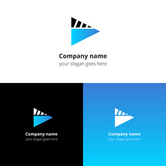 Play music sound button and video movie film strips flat logo icon vector template. Abstract symbol and button with light blue gradient for music, cinema, television, industrial service or company.