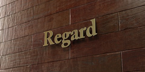 Regard - Bronze plaque mounted on maple wood wall  - 3D rendered royalty free stock picture. This image can be used for an online website banner ad or a print postcard.