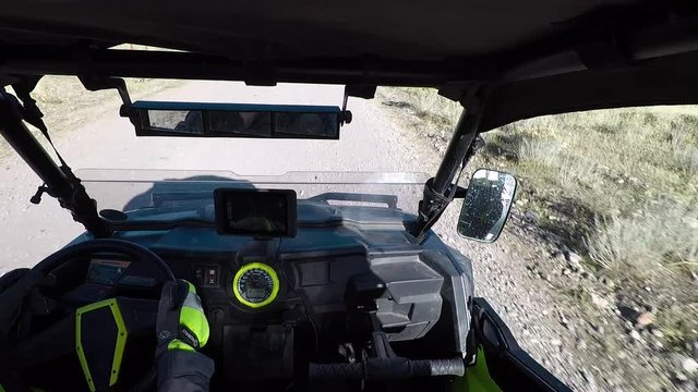 Sport recreation vehicle drive rural road GPS POV. Beauty seasonal Autumn colors exploring high mountain and valley roads and trails. 4x4 4 wheel drive ATV. Outdoors and landscape.