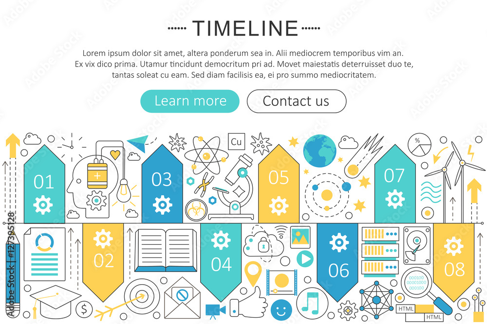 Poster vector elegant thin flat line timeline concept. website header banner timeline elements layout. pres