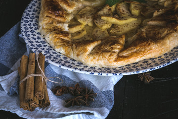 apple pie with fresh fruits on wooden table