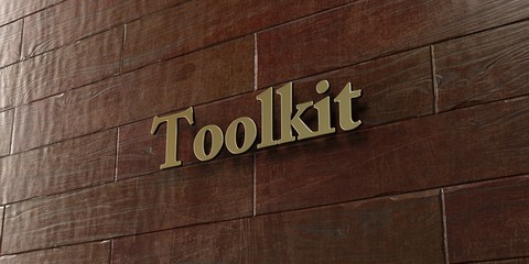 Toolkit - Bronze plaque mounted on maple wood wall  - 3D rendered royalty free stock picture. This image can be used for an online website banner ad or a print postcard.