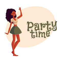 Young barefooted african american woman dancing,greeting, card, invitation, template, celebration, poster, banner, designYoung and beautiful black woman, teenager, girl dancing at a party in skirt