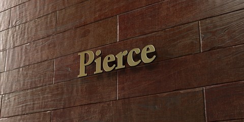 Pierce - Bronze plaque mounted on maple wood wall  - 3D rendered royalty free stock picture. This image can be used for an online website banner ad or a print postcard.