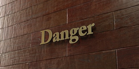 Danger - Bronze plaque mounted on maple wood wall  - 3D rendered royalty free stock picture. This image can be used for an online website banner ad or a print postcard.
